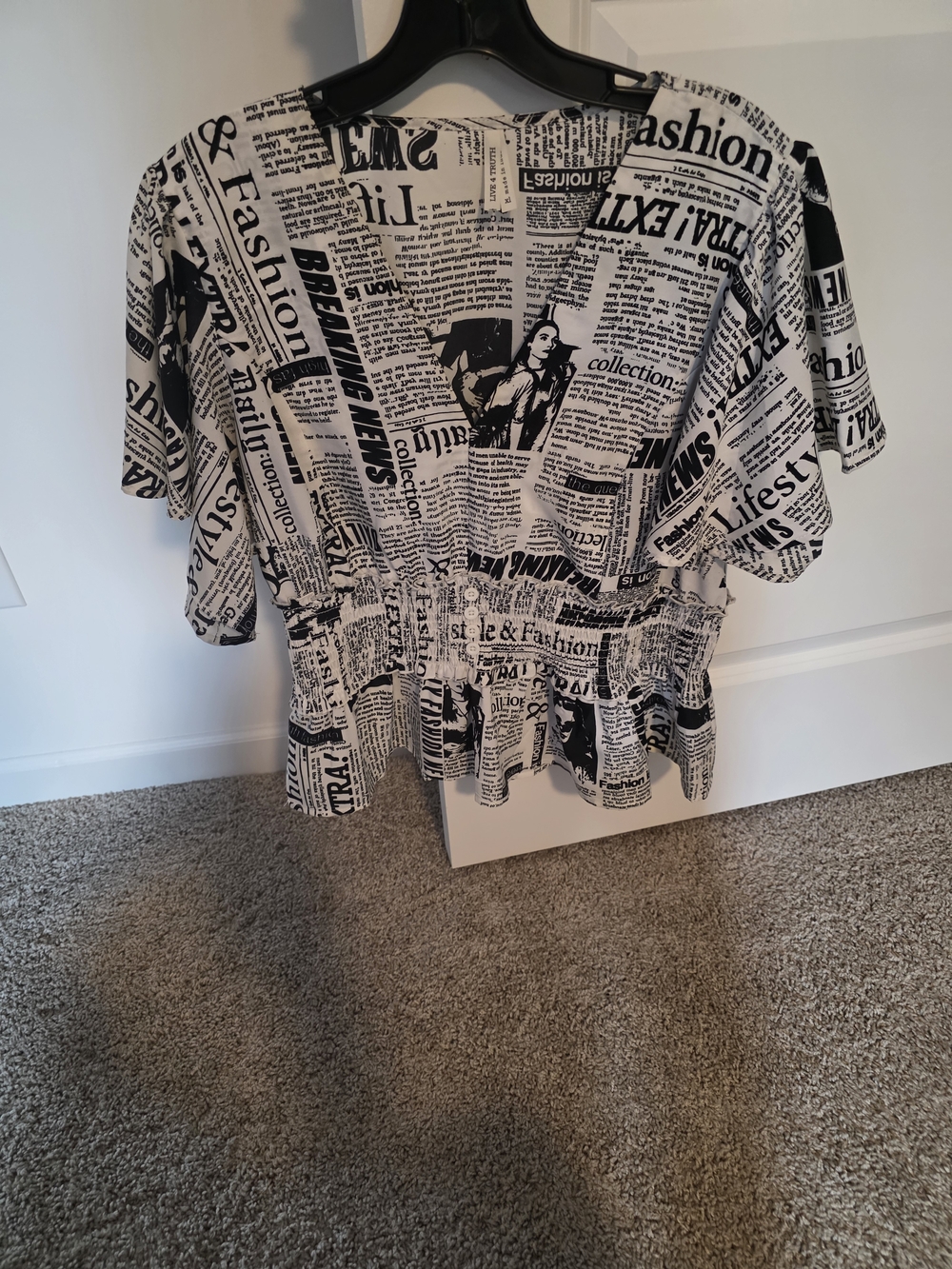 Newspaper Print Peplum Top in Black & White